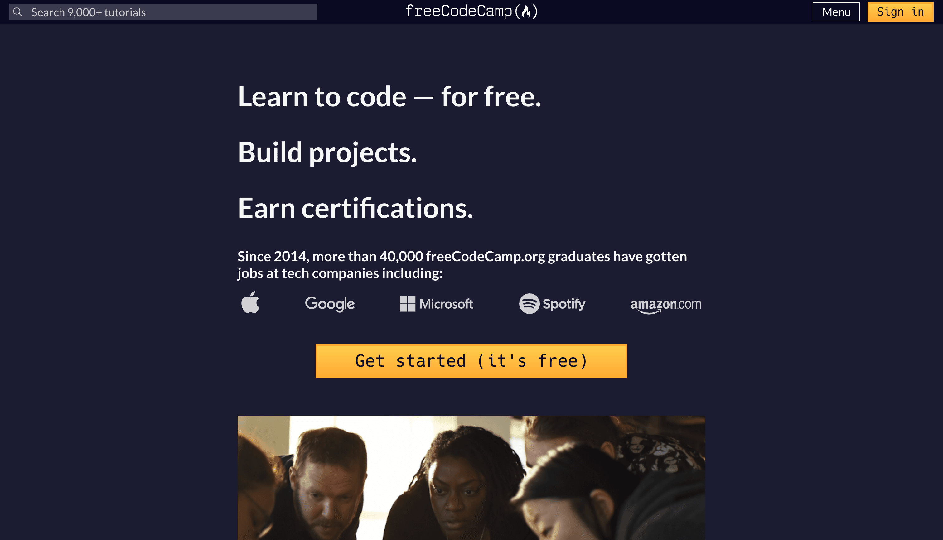 A screengrab of the freedcodecamp.org homepage.